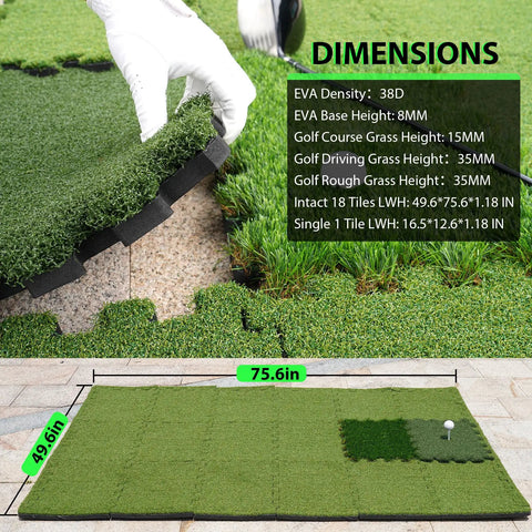Tri Turf Golf Hitting Mat with EVA base showing three grass types and dimensions, 75.6in x 45.6in, for home practice.