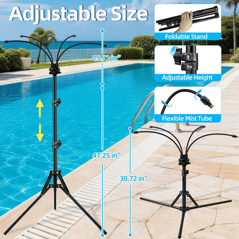 Portable Outdoor Patio Misting System With 15L Water Bucket, 5.3 Ft Adjustable Height Standing Mister by poolside.