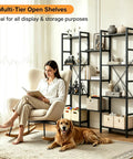 Triple Column 4 Tier Industrial Bookshelf With 11 Open Display Shelves Adjustable Storage in modern living room setting
