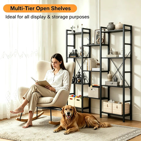 Triple Column 4 Tier Industrial Bookshelf With 11 Open Display Shelves Adjustable Storage in modern living room setting