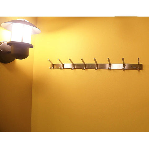 Heavy Duty 304 Stainless Steel Coat Rack Rail With Six Hooks Brushed Finish Wall Mount Towel Hook Bar installed on yellow wall