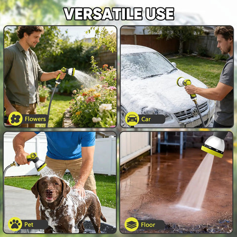 Heavy Duty Retractable Garden Hose Reel With Wall Mount 110 Feet Half Inch Hose Three Quarter Inch Brass Fittings Ten Pattern Nozzle used for watering flowers, washing car, cleaning pet, and rinsing floor
