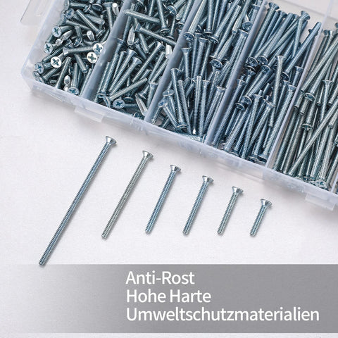 Heavy Duty Zinc Plated Machine Screw Kit With Flat And Phillips Heads For Electrical Outlet Mounting And Device Extension showing assorted screws in a divided storage container.