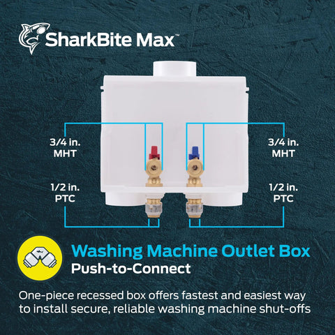 DIY Friendly Washing Machine Outlet Box With Push To Connect Brass Fittings For One Half Inch By Three Quarters Inch MHT Compatible