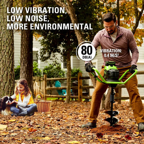 Man using 80V Brushless Earth Auger And Post Hole Digger With LED Work Lights Quiet Yet Powerful Gas Equivalent Torque 210 RPM