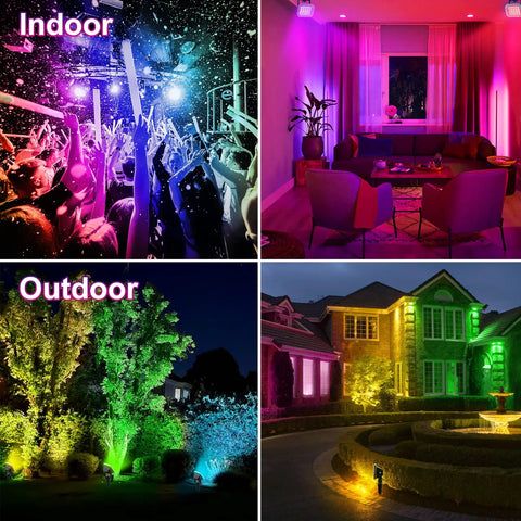 RGBW Landscape Lighting System With Remote And Transformer, vibrant color effects in indoor and outdoor night settings.