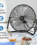 20 Inch High Velocity Wall Mount Fan With Pivoting Head displayed on floor with remote, showing dimensions and features