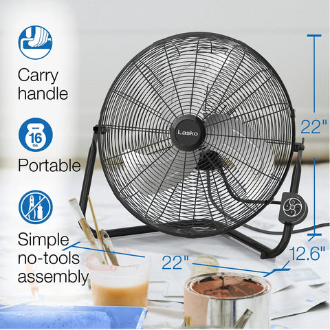 20 Inch High Velocity Wall Mount Fan With Pivoting Head displayed on floor with remote, showing dimensions and features