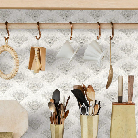 Boho Peel And Stick Wallpaper For Cabinets And Walls Modern Geometric Beige Self Adhesive Contact Paper shown in kitchen setting