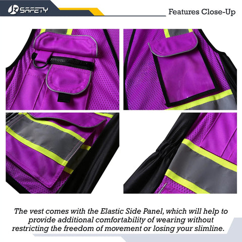 Close-up of Nine Pocket Women Hi Vis Reflective Safety Vest with mesh neon purple fabric, yellow trim, and reflective strips.
