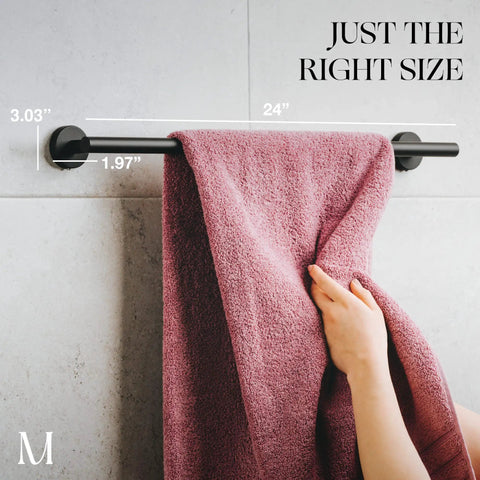 Woman hanging towel on matte black 24 inch towel bar rack heavy duty stainless steel SUS 304 wall mounted bathroom kitchen holder