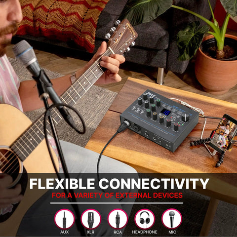 Guitarist using USB Audio Interface For PC And Mac With Mic And Line Inputs, Guitar, Aux Stereo And RCA IO, 24 Preset Digital Effects