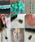 Collage of sea glass pieces and jewelry with sea glass pendants and earrings, showcasing different colors and styles of beach glass jewelry.