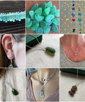 Collage of jewelry components: green sea-glass beads, teardrop pendants, earrings, and layered necklaces