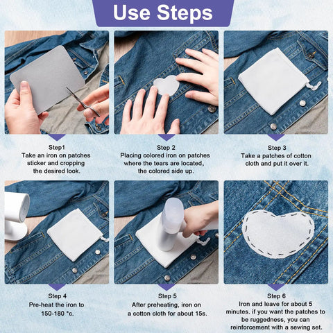 Iron On Patch Kit With 30 Multicolor Patches, 3.7 By 4.9 Inches, 29 Shades Nylon Fabric Repair Patches For Jeans, Shirts, Pants, and Clothes use steps image