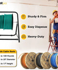Single Axle Cable Reel Caddy Built To Last Heavy Duty Industrial Steel Wire Dispenser with cables and worker installing on ladder