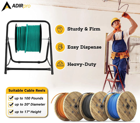 Single Axle Cable Reel Caddy Built To Last Heavy Duty Industrial Steel Wire Dispenser with cables and worker installing on ladder