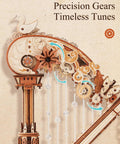 Close-up of 3D Wooden Harp Music Box Kit For Adults, Self Playing Mechanical Puzzle showing precision gears and details.