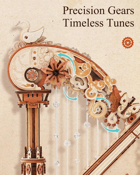 Close-up of 3D Wooden Harp Music Box Kit For Adults, Self Playing Mechanical Puzzle showing precision gears and details.