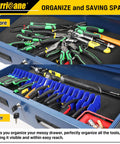 10 Slot Plier Organizer Rack With Non Slip Base Easy Access Tool Drawer Storage Extendable Design Fits 3 Inch Pliers And Cutters Blue Tool Holder installed in a toolbox, before and after view.