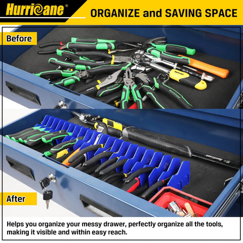 10 Slot Plier Organizer Rack With Non Slip Base Easy Access Tool Drawer Storage Extendable Design Fits 3 Inch Pliers And Cutters Blue Tool Holder installed in a toolbox, before and after view.