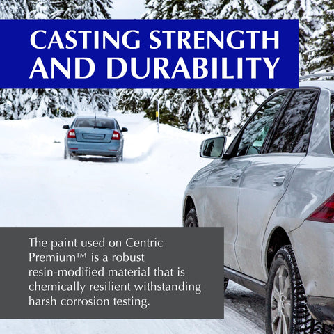 Automotive rear brake rotor ad banner; snow-covered highway with two cars and blue Casting Strength and Durability banner.