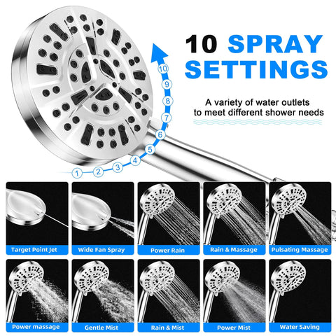 10 Mode Handheld Shower Head Set With Bangin High Pressure Flow showing 8 spray modes and stainless steel design