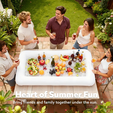 Group using Three Pack Inflatable Serving Bars Cooler Set With Drain Plug Large 51.5 By 24.5 Inch Ice Buffet Trays at outdoor party