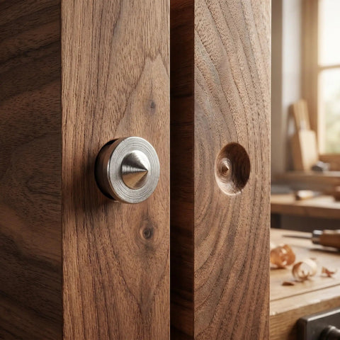 Dowel Center Transfer Plugs Set For Woodworking Hollow And Solid Doweling Alignment Tool shown in use on wooden furniture
