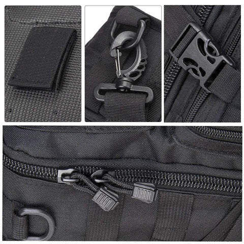 Close-up details of zippers and clips on Rugged Tactical Sling Bag Pack Waterproof Rucksack For Travel Hiking Camping Trekking Exploring