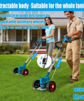 Couple using Powerful Cordless Weed Wacker With 21V Battery, 3 In 1 Brush Cutter And Lawn Trimmer, Wheel Mounted, adjustable height