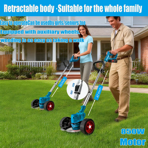 Couple using Powerful Cordless Weed Wacker With 21V Battery, 3 In 1 Brush Cutter And Lawn Trimmer, Wheel Mounted, adjustable height