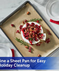 No Sweat Baking Unbleached Parchment Paper 45 Square Feet Roll lining a sheet pan with cheese and toppings for easy holiday cleanup.