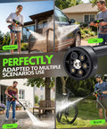 Cordless Car Washing Tool With 6 In 1 Nozzle And Foam Cannon in use on car, bicycle, patio furniture, and floor cleaning.