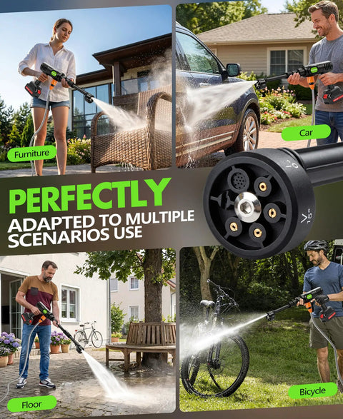Cordless Car Washing Tool With 6 In 1 Nozzle And Foam Cannon in use on car, bicycle, patio furniture, and floor cleaning.