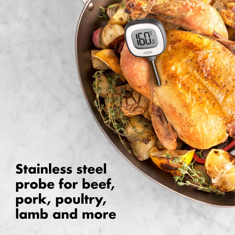 Good Grips Chef's Precision Digital Instant Read Thermometer With 90 Degree Pivot in roasted chicken showing 160°F