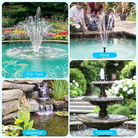 Collage showing 25W Solar Pond Pump With Built In Filter used in fish tank, garden pond, waterfall, and fountain settings.