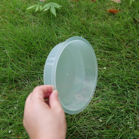 Holding one of the Two Pack Plastic Round Bird Feeder Bowls For Wild Birds Seed Tray And Water Bowl At Feeding Stations