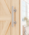 12 Inch Sliding Barn Door Handle Hardware Two Sided Design With Brushed Stainless Steel Pull Handle Mounted on Wooden Door