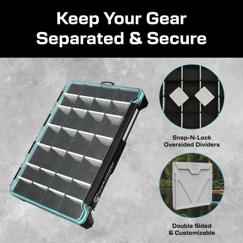 BallistiX 3.7 Tackle Tray Waterproof Lure Box With Clear Polycarbonate Lid, showing removable dividers and secure latch system.