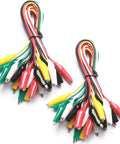 Pro Grade Test Lead And Alligator Clip Set With 20.5 Inch 22 AWG Wires, Five Color Colorway Green White Black Yellow Red, Nickel Plated Clips With PVC Insulators And Heavy Duty Springs, 2 Pack on white background