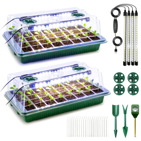 Two Pack Seed Starter Tray With Grow Light Pro Grade 80 Cell Trays, Adjustable Humidity Dome, Seedling Tools, Indoor Germination Kit