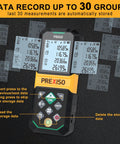 Your Go-To Rechargeable Green Laser Distance Meter With 265Ft Range, Pythagorean Mode, Area And Volume Calculations, Digital Readouts In Ft, Ft+In, In, Or M, Class II Laser, Dead-On Accuracy, The Handy Tool For DIY Home Projects. P80GD handheld laser meter showing stored measurements and controls