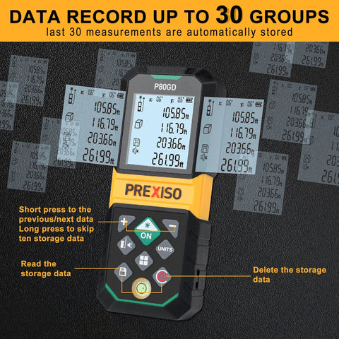 Your Go-To Rechargeable Green Laser Distance Meter With 265Ft Range, Pythagorean Mode, Area And Volume Calculations, Digital Readouts In Ft, Ft+In, In, Or M, Class II Laser, Dead-On Accuracy, The Handy Tool For DIY Home Projects. P80GD handheld laser meter showing stored measurements and controls