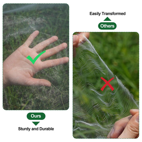 Comparison of Ultra Fine Garden Mesh Netting Pest Barrier Ten By Fifty Feet White Plant Covers showing durability differences.