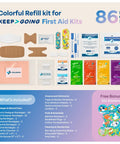 KeepGoing First Aid Kit Refill front view – 86 pc, colorful kid-friendly bandages and supplies (kit not included)