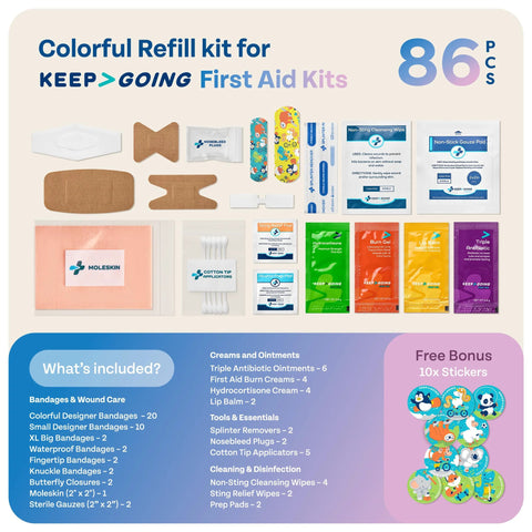 KeepGoing First Aid Kit Refill front view – 86 pc, colorful kid-friendly bandages and supplies (kit not included)