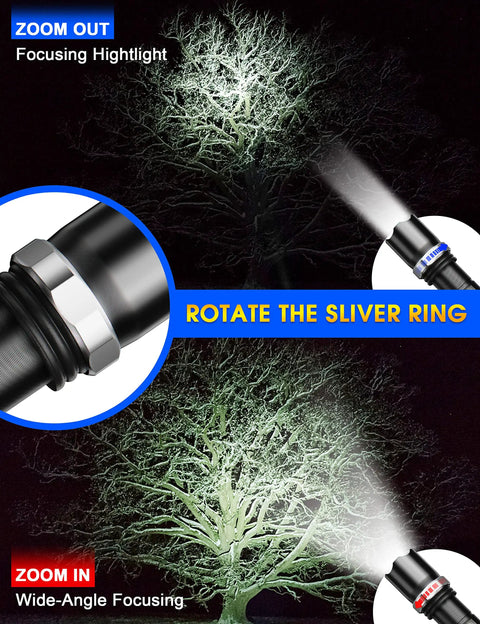 Rechargeable LED Flashlight With COB Sidelight Beast Mode Bright High Lumen Beam Zoomable Tactical Light demonstrating zoom modes