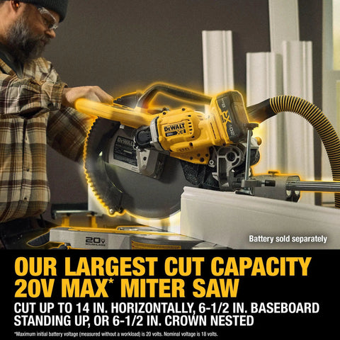 12 Inch Double Bevel Sliding Miter Saw Powerful Cordless 20V Max XR Tool Only Up To 14 Inch Horizontal Cut Six And A Half Inch Crown Nest Six And A Half Inch Baseboard Standing Regenerative Braking For More Cuts