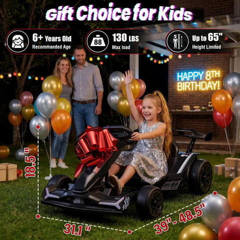 Child on Electric Drifting Kart 24V With 800W Twin Motors, birthday setting with balloons, parents in background smiling